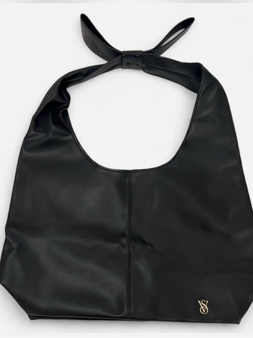 Victoria’s Secret Black Faux Leather Beach Bag Gold VS Logo Bow Handle NWT Tote